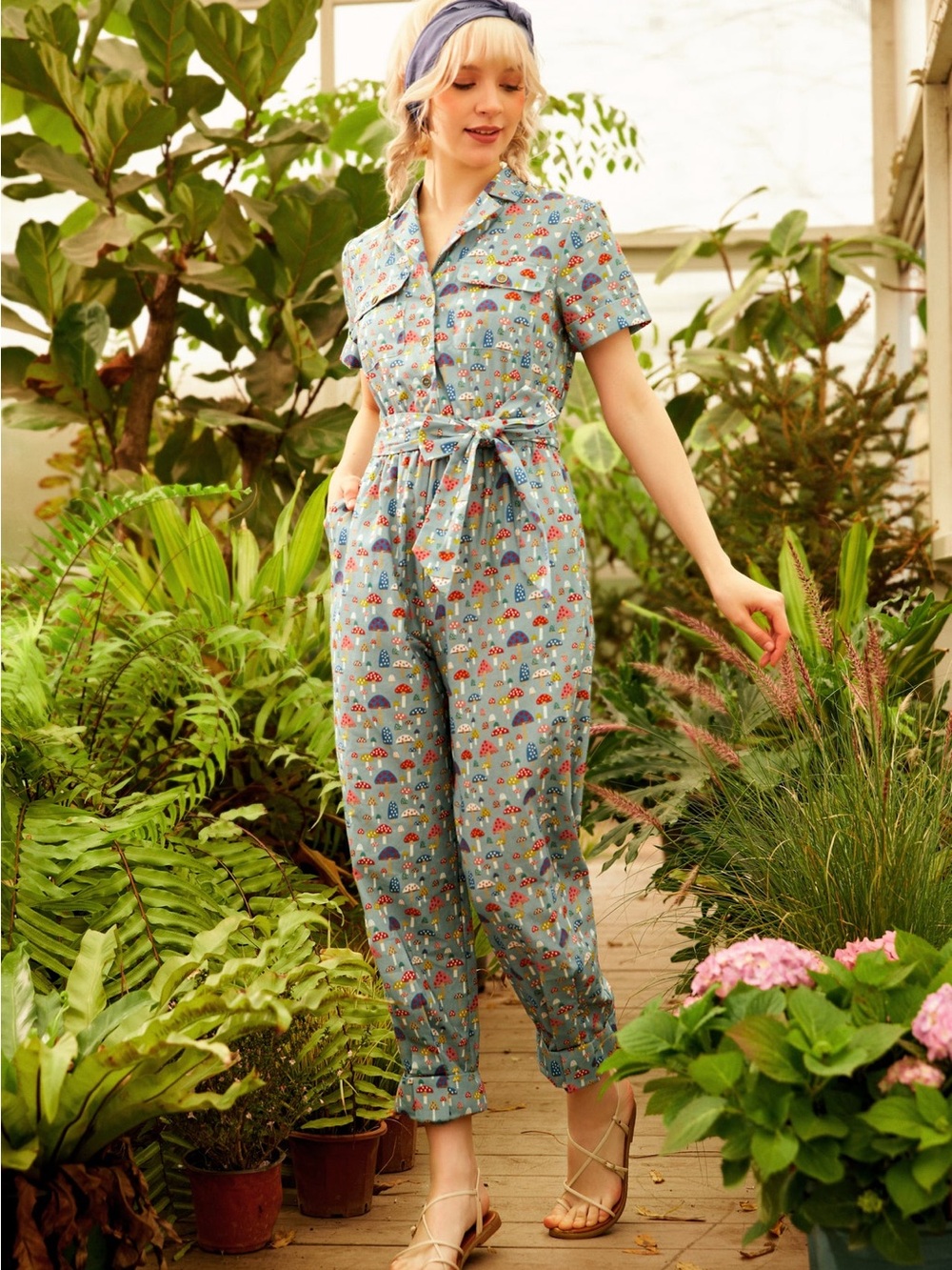 Modcloth Light Blue Mushroom-Print Short-Sleeve Tie-Waist Jumpsuit